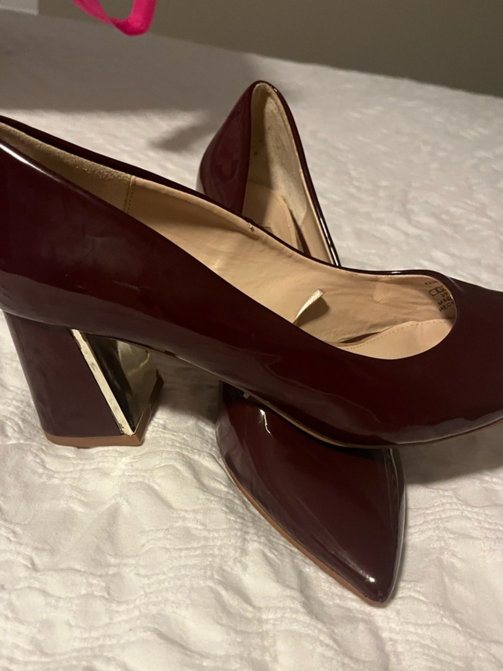 Women's Pointed Toe Block Heel Pumps in Deep Burgundy gold detail
